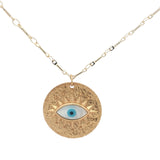 Collier doré grande médaille avec oeil en nacre en relief 60 cm