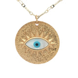 Collier doré grande médaille avec oeil en nacre en relief 60 cm