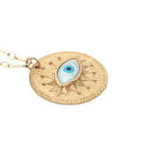 Collier doré grande médaille avec oeil en nacre en relief 60 cm