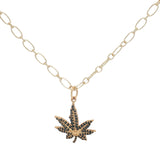 Collier doré feuille de chanvre en zircons noirs 42 cm