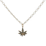 Collier doré feuille de chanvre en zircons noirs 42 cm