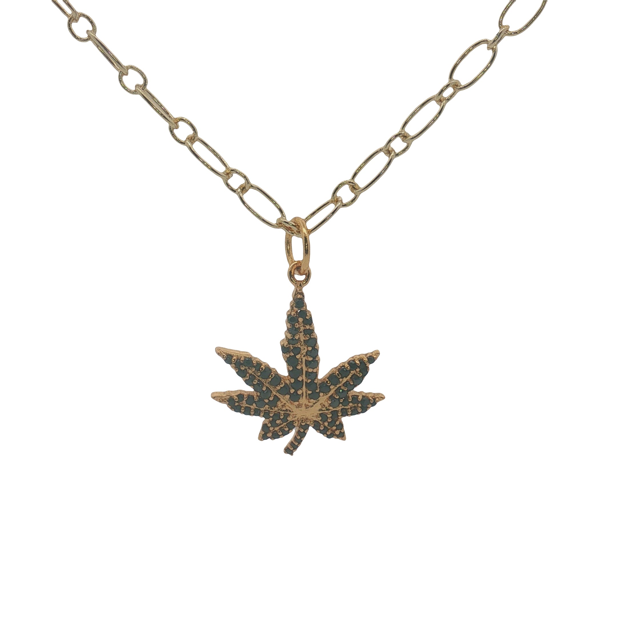 Collier doré feuille de chanvre en zircons noirs 42 cm
