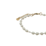 Chaine de cheville dorée perles de culture, pierre de lune et noeuds blancs