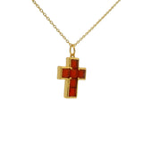 Collier doré pendentif croix pierres Onyx rouge carrées