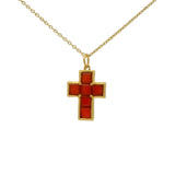 Collier doré pendentif croix pierres Onyx rouge carrées
