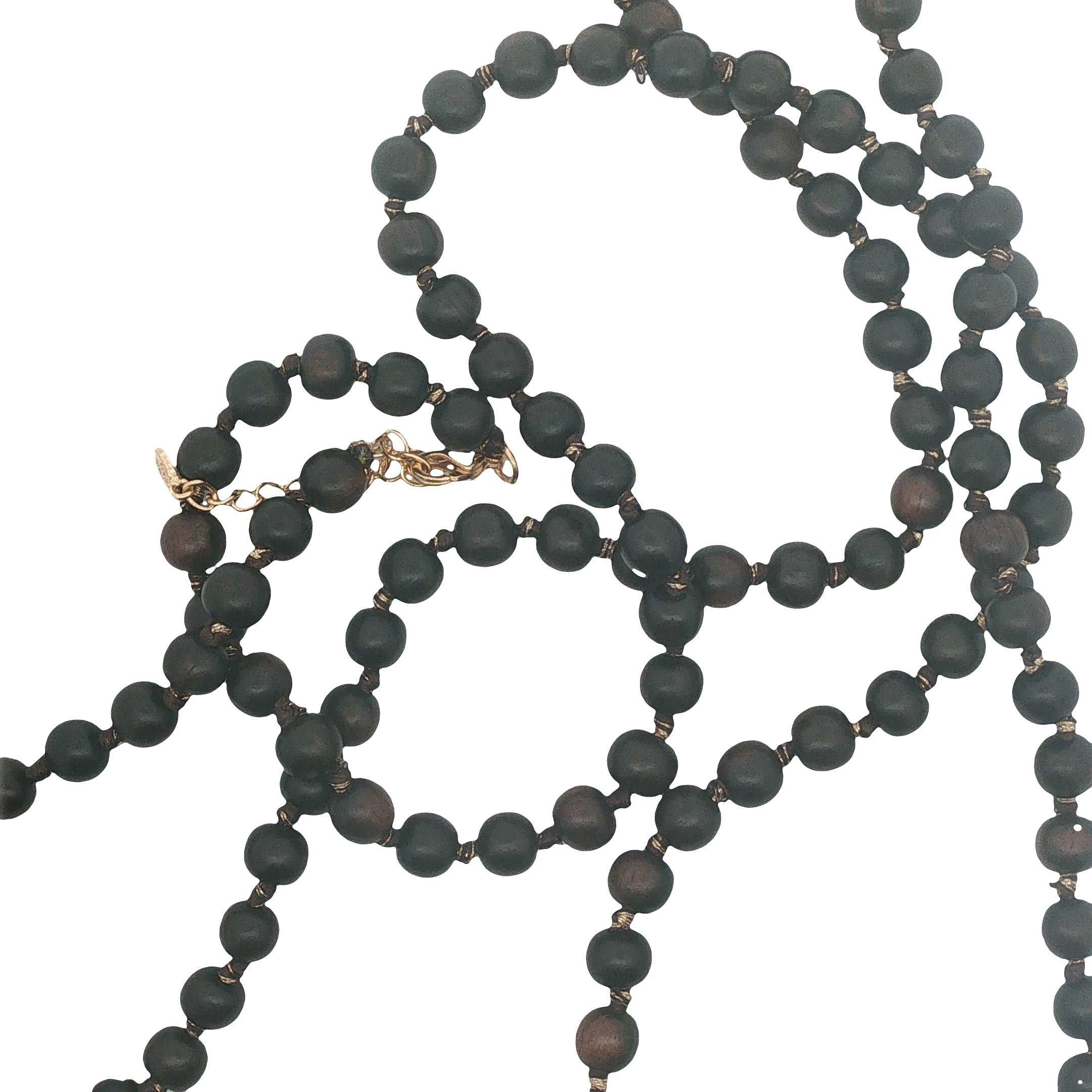 Collier doré perles en bois marron foncé 94 cm