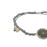 Bracelet doré cordon gris avec labradorite ronde entourée de zircons