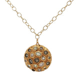Collier doré médaillon massif avec pierre de lune et labradorite 75 cm