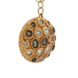 Collier doré médaillon massif avec pierre de lune et labradorite 75 cm