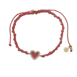 Bracelet cordon rouge avec coeur doré en émail rouge et zircons