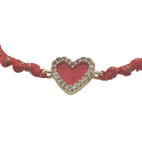Bracelet cordon rouge avec coeur doré en émail rouge et zircons