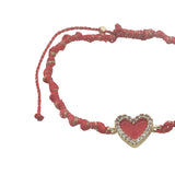 Bracelet cordon rouge avec coeur doré en émail rouge et zircons