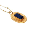 Collier doré médaillon ovale strié lapis lazulis 60 cm