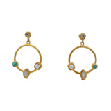 Boucles dorées anneau pierre de lune, turquoise et perle de culture