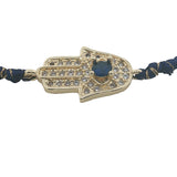 Bracelet doré cordon bleu marine main de Fatma avec zircons et lapis lazulis