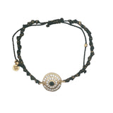 Bracelet doré cordon noir médaille avec oeil en zircon et onyx noire