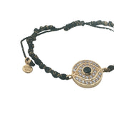 Bracelet doré cordon noir médaille avec oeil en zircon et onyx noire