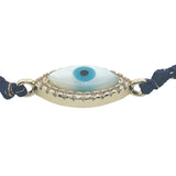 Bracelet doré cordon bleu marine oeil ovale en nacre entouré de zircons
