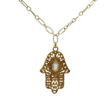 Collier doré main de fatma préhnite facettée et zircons blancs 60cm