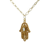Collier doré main de fatma préhnite facettée et zircons blancs 60cm