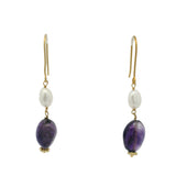 Boucles d'oreilles dorées duo d'améthyste et perle de culture