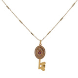 Collier doré clef tourmaline rose et zircons 60 cm