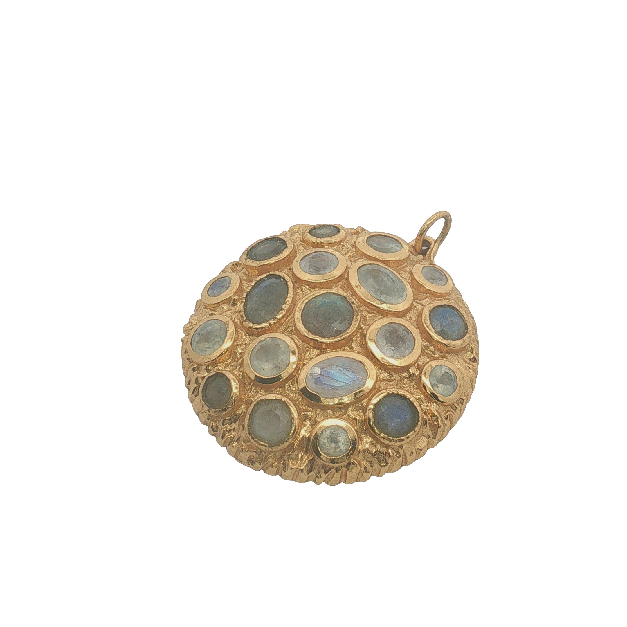 Charms doré grand médaillon avec labradorite et pierre de lune