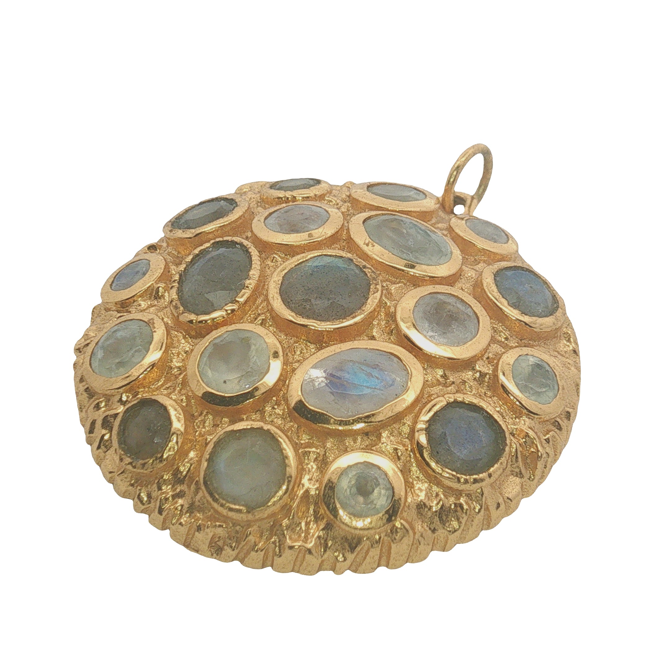 Charms doré grand médaillon avec labradorite et pierre de lune