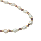 Collier doré perles de culture, perles dorées et grenat 42 cm