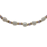 Collier doré perles de culture, perles dorées et améthyste 42 cm