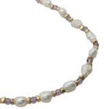Collier doré perles de culture, perles dorées et améthyste 42 cm