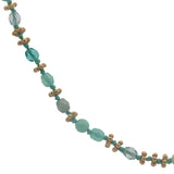 Collier doré perles vert d'eau, couronnes dorées et noeuds verts 42 cm