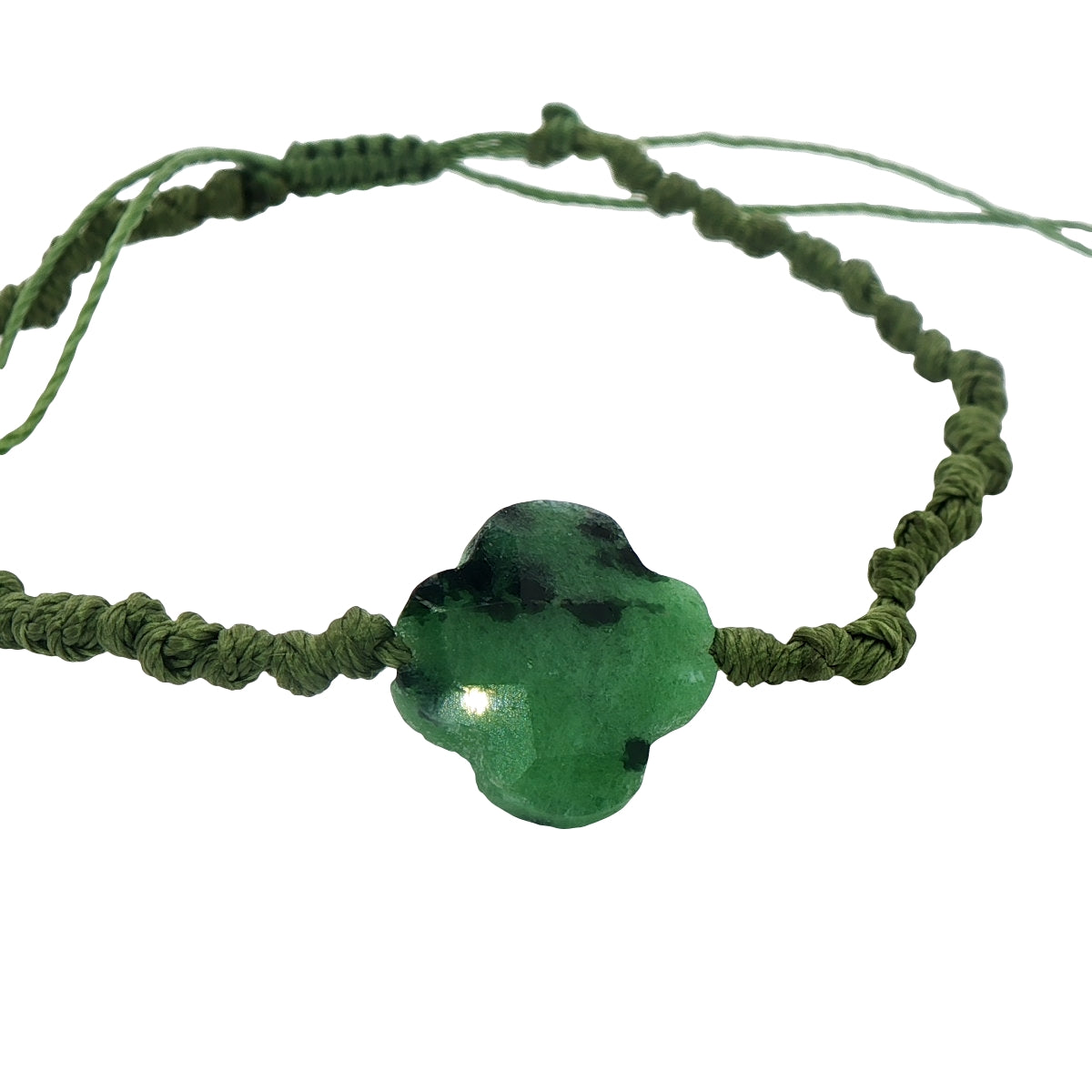 Gold cord bracelet with clover and faceted stone