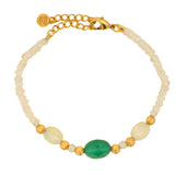 Bracelet onyx verte prehnite et pierre de lune facettées avec boules dorées