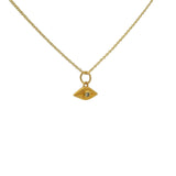 Gold necklace with small eye medal and natural stone