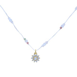 Collier doré fil blanc pierre de lune facettées et pendentif soleil en zircons 38cm