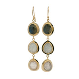 Boucles d'oreilles dorées trilogie labradorite, pierre de lune et quartz rose