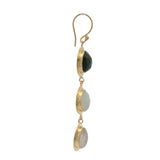 Boucles d'oreilles dorées trilogie labradorite, pierre de lune et quartz rose