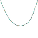 Collier doré perles bleues, couronnes dorées et noeuds bleus 64 cm