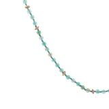 Collier doré perles bleues, couronnes dorées et noeuds bleus 64 cm
