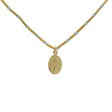 Collier doré avec tubes et amazonite et médaille vierge 40 cm