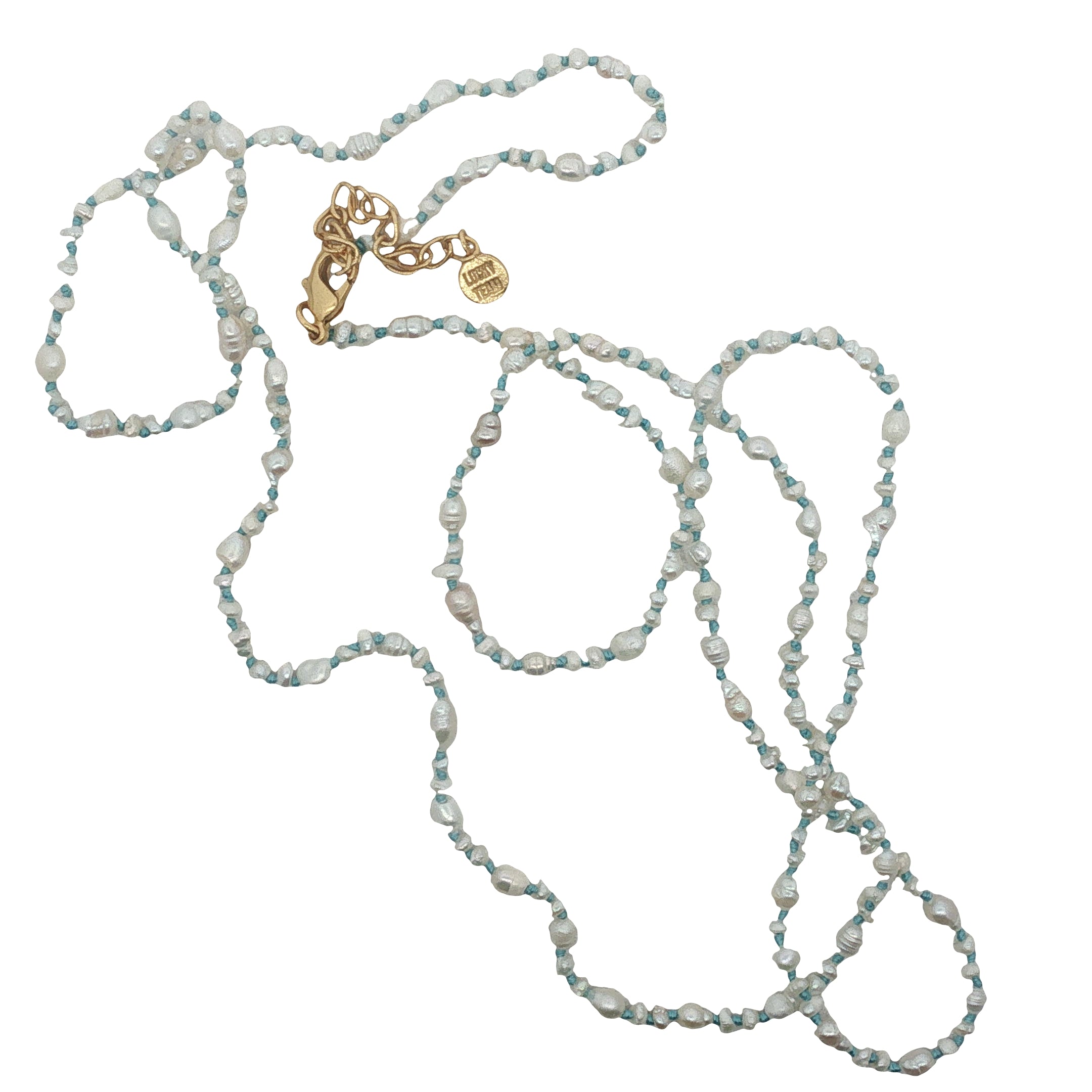 Collier doré petites perles de culture et fil turquoise 75 cm