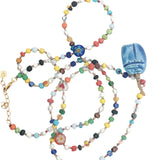 Collier doré scarabée bleu perles colorées et perles de culture 75 cm