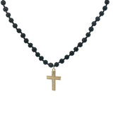 Collier croix dorée zircons perles en bois marron 90 cm