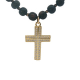 Collier croix dorée zircons perles en bois marron 90 cm