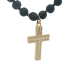 Collier croix dorée zircons perles en bois marron 90 cm