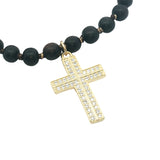 Collier croix dorée zircons perles en bois marron 90 cm