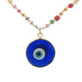 Collier doré oeil bleu perles multicolores 75 cm