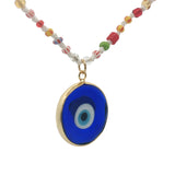 Collier doré oeil bleu perles multicolores 75 cm