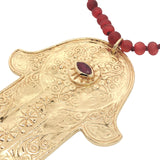 Collier doré en corne rouge main de Fatma avec onyx rouge 75 cm